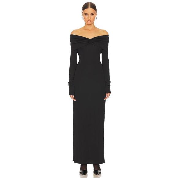 Helsa Matte Jersey Off Shoulder Ruched Long Sleeve Maxi Dress Black Size Small - Picture 1 of 8